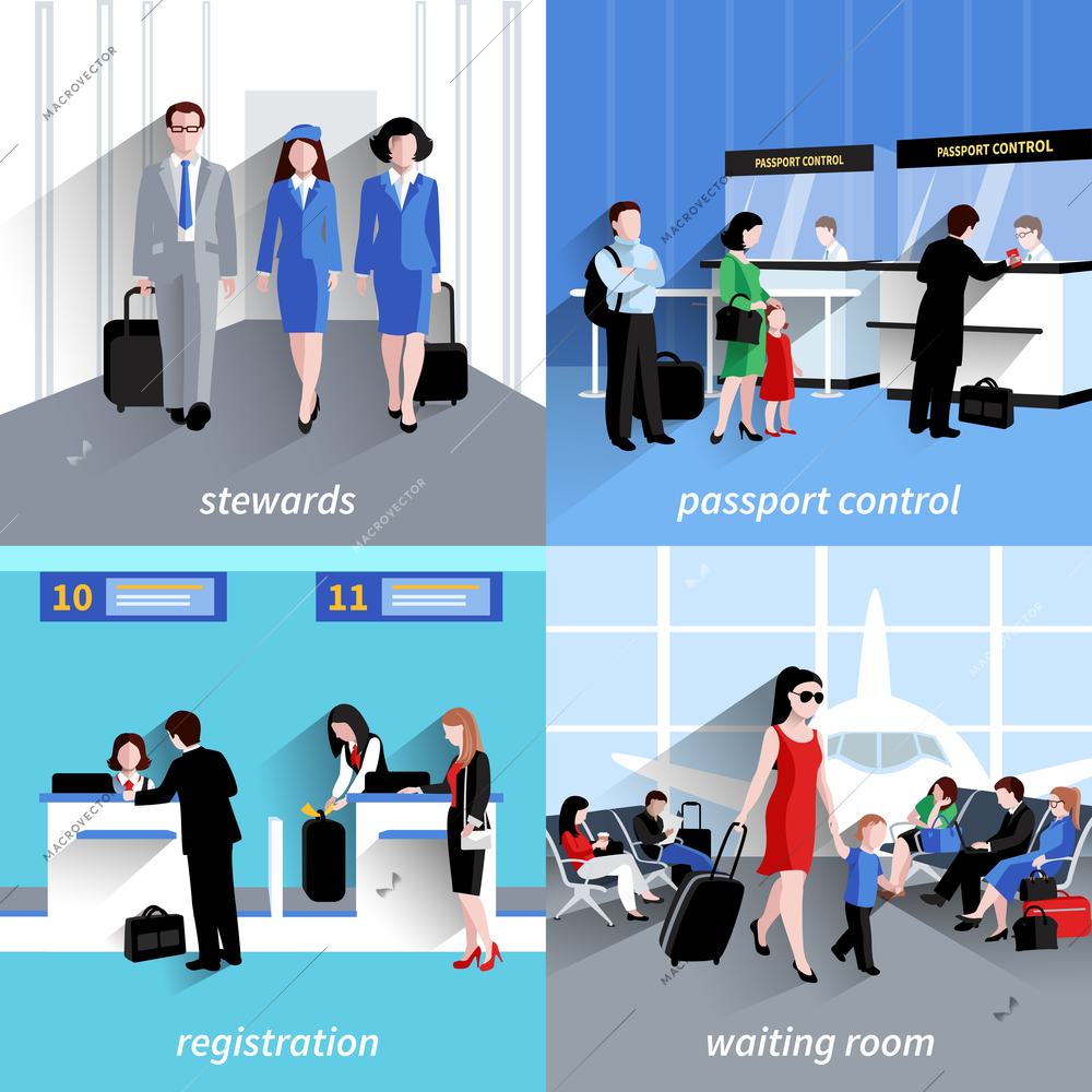 People in airport design concept set with passport control and registration flat icons isolated vector illustration