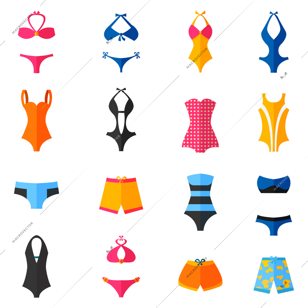 Woman swimwear and swim suits flat icons set isolated vector illustration