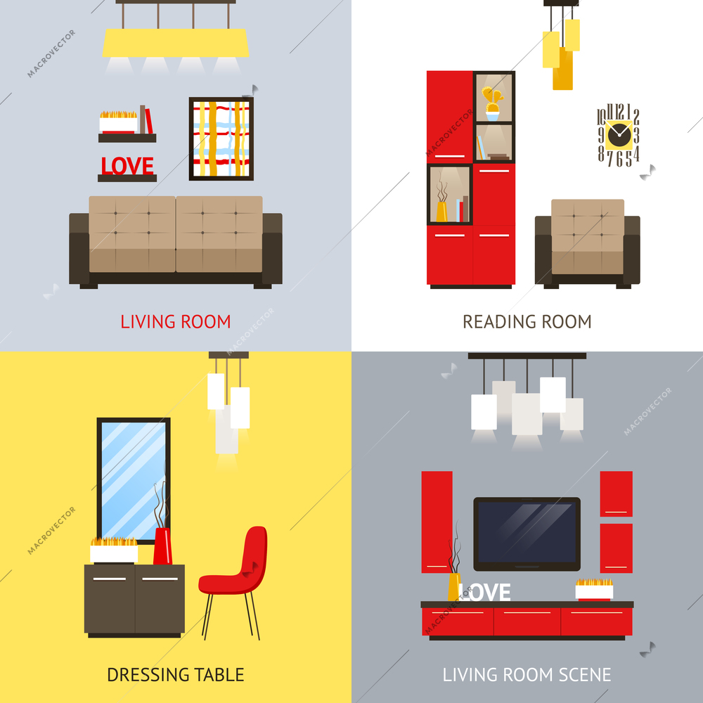 Living room design concept set with dressing table flat icons isolated vector illustration