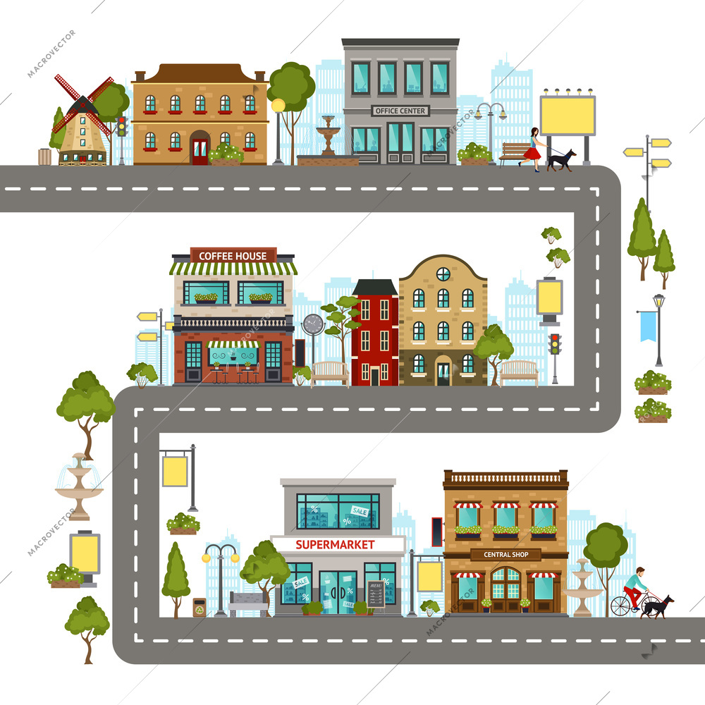 City street concept with different buildings and landscape elements vector illustration
