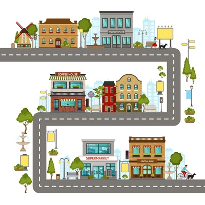 City street concept with different buildings and landscape elements vector illustration