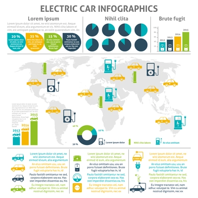 Electric car and charging station world distribution and expansion statistic flat color infographic set vector illustration