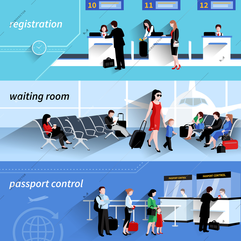 People in airport horizontal banners set with waiting room elements isolated vector illustration