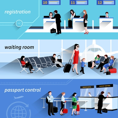 People in airport horizontal banners set with waiting room elements isolated vector illustration