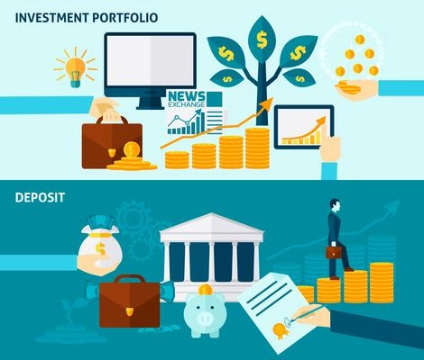 Investment portfolio exchange news and deposit or accumulation flat color horizontal banner set isolated vector illustration