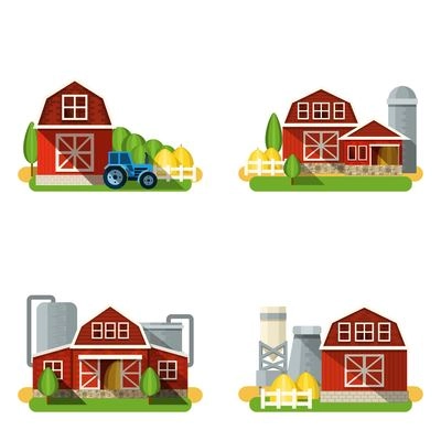 Farm buildings and country houses flat icons set isolated vector illustration