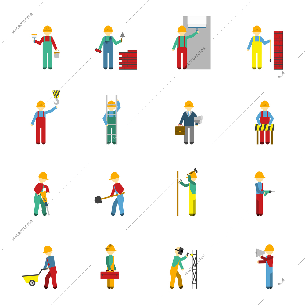 Builders welder bricklayer engineer handyman and plasterer flat color icon set isolated vector illustration