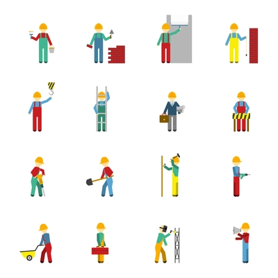 Builders welder bricklayer engineer handyman and plasterer flat color icon set isolated vector illustration