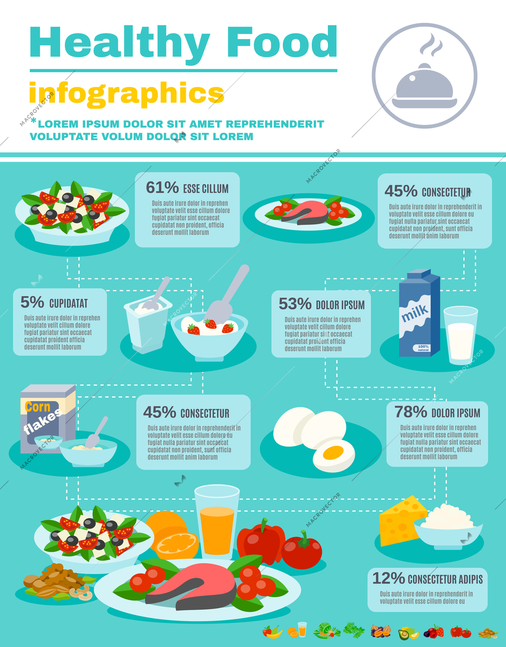 Healthy food infographics set with natural and organic nutrition elements vector illustration