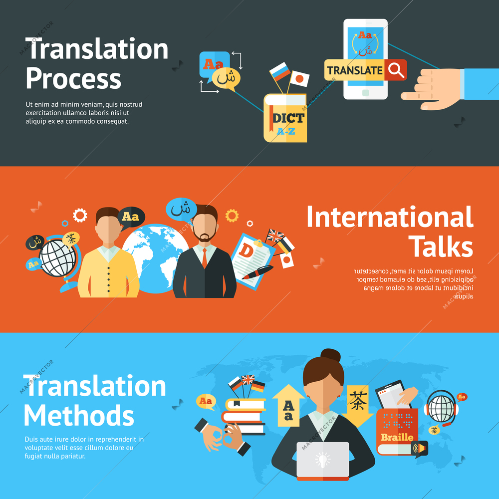 Language translator horizontal banner set with translation methods and process elements isolated vector illustration