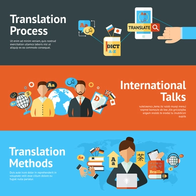 Language translator horizontal banner set with translation methods and process elements isolated vector illustration