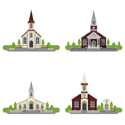 White and red brick churches and chapels with gardens flat color decorative icon set isolated vector illustration