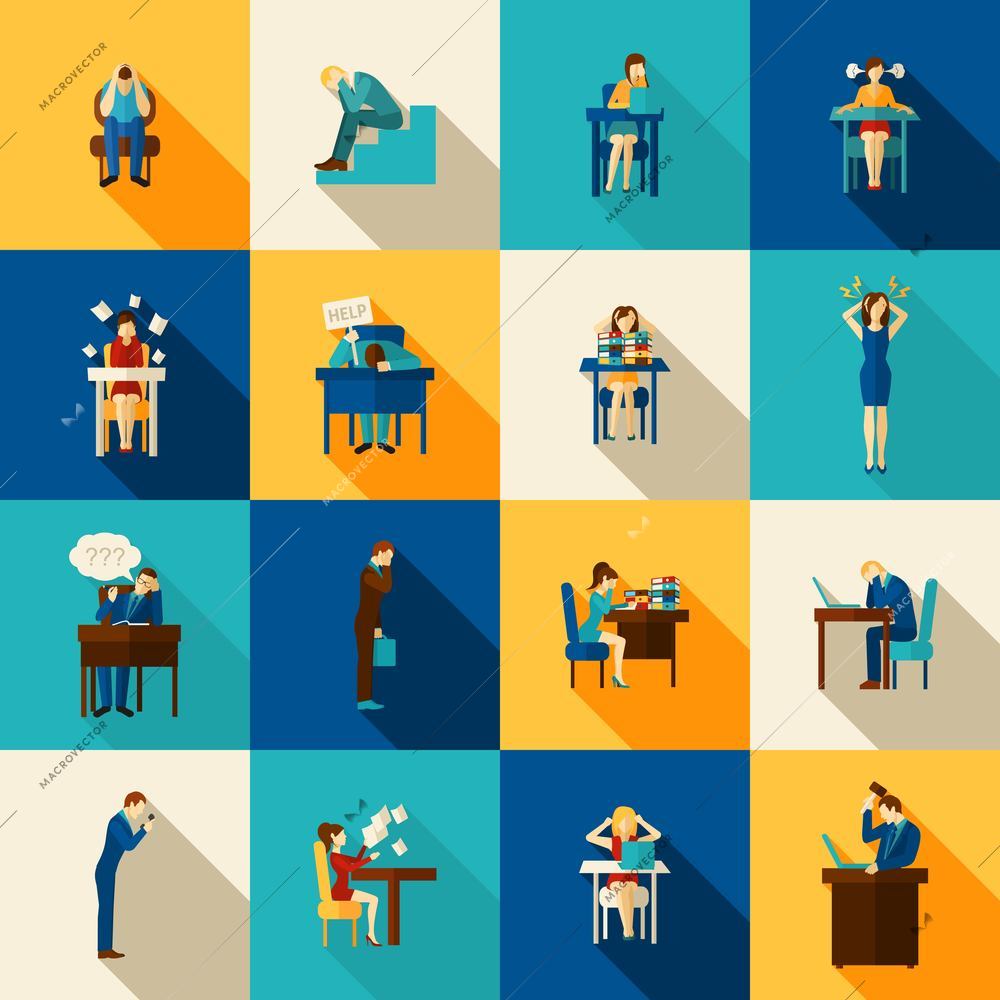 People in frustration overwhelmed with office work icons flat set isolated vector illustration