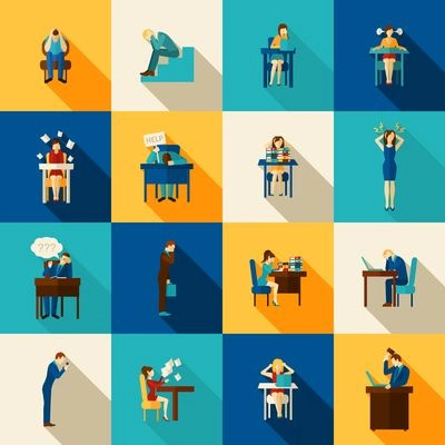People in frustration overwhelmed with office work icons flat set isolated vector illustration