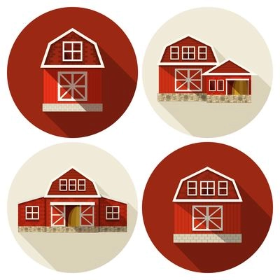 Farm buildings country houses and warehouses flat icons set isolated vector illustration