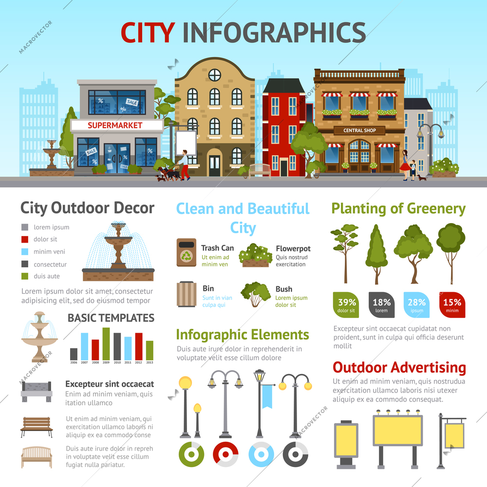 City infographics set with buildings and outdoor decor elements vector illustration