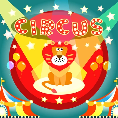 Lion on the circus arena poster vector illustration template