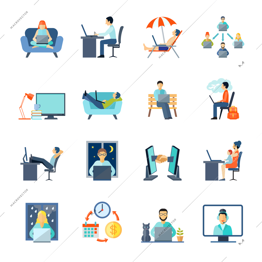 Freelance icons set with working at home rest and laptop flat isolated vector illustration