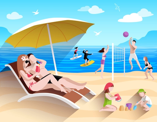 People playing and surfing on summer sea beach flat vector illustration