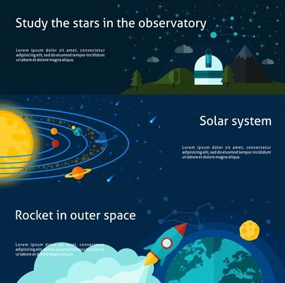 Space and universe flat horizontal banner set isolated vector illustration