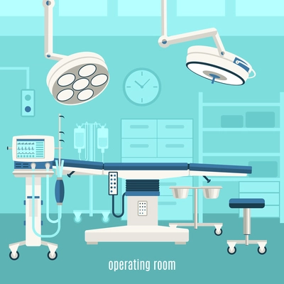 Medical operation room equipment and accessories with monitors treatment table and major surgery light abstract vector illustration