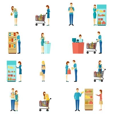 Buyers and customers people man and woman shopping choice flat color icon set isolated vector illustration