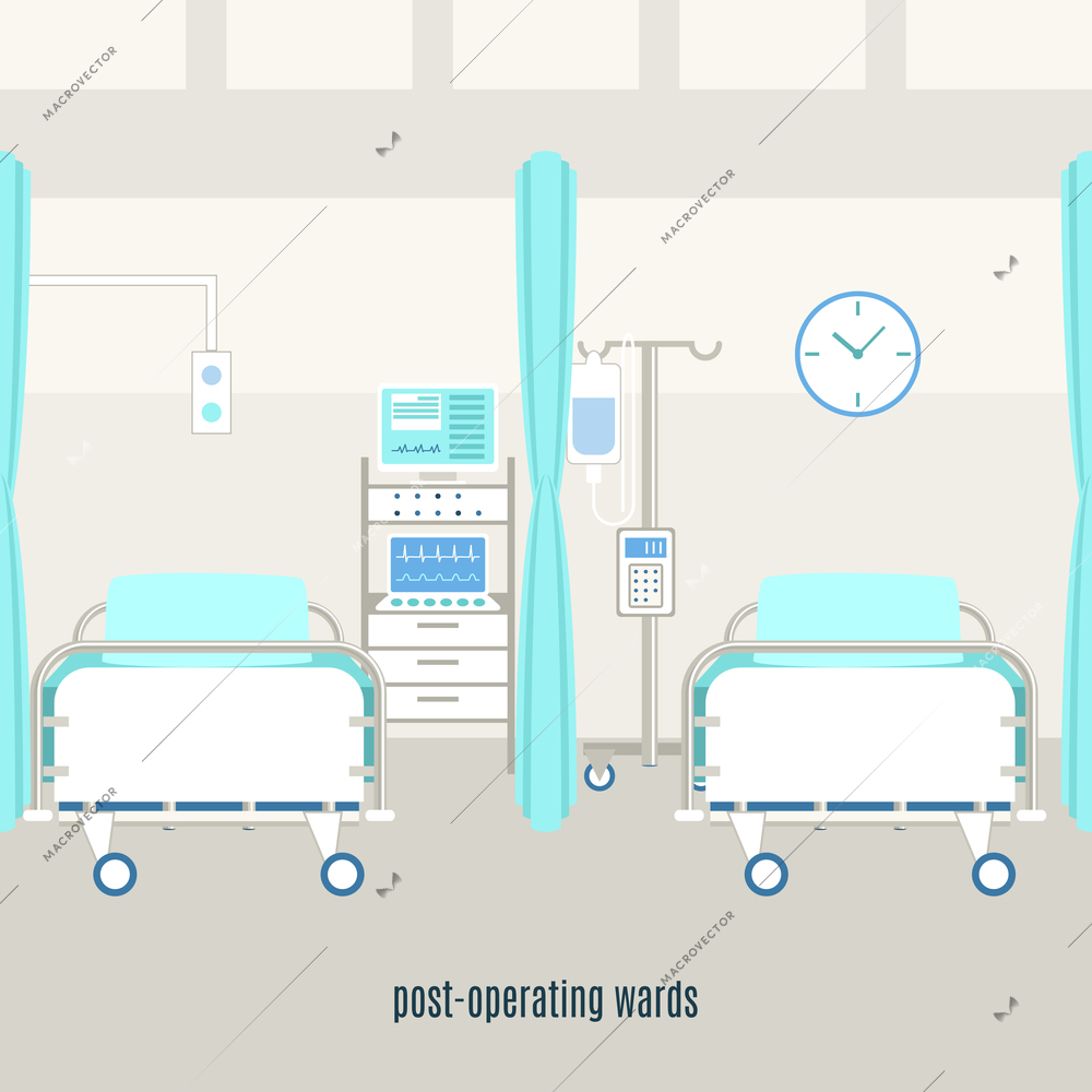 Medical post-operating recovery ward equipment and accessories with monitors for patient supervision with monitors abstract vector illustration