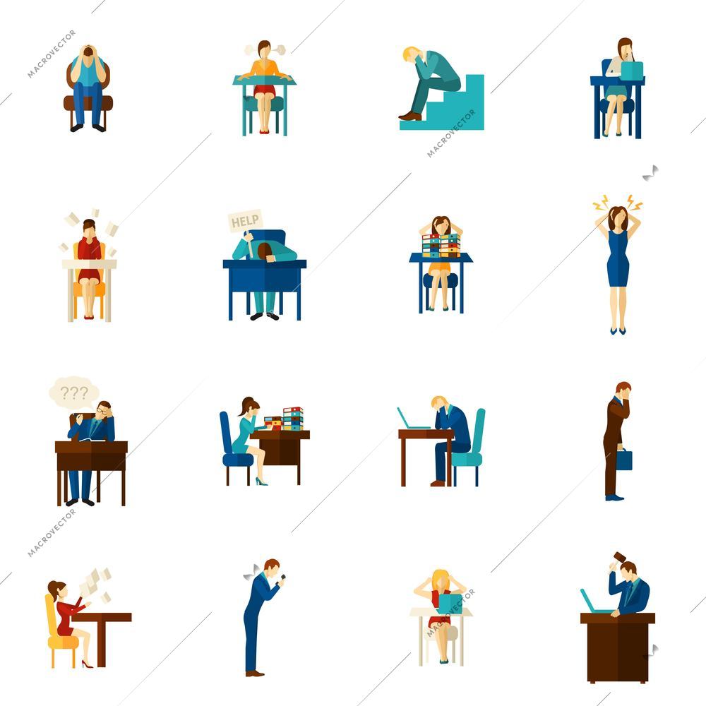 Frustration and upset people man and woman hysterical emotion flat color icon set isolated vector illustration