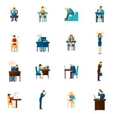 Frustration and upset people man and woman hysterical emotion flat color icon set isolated vector illustration