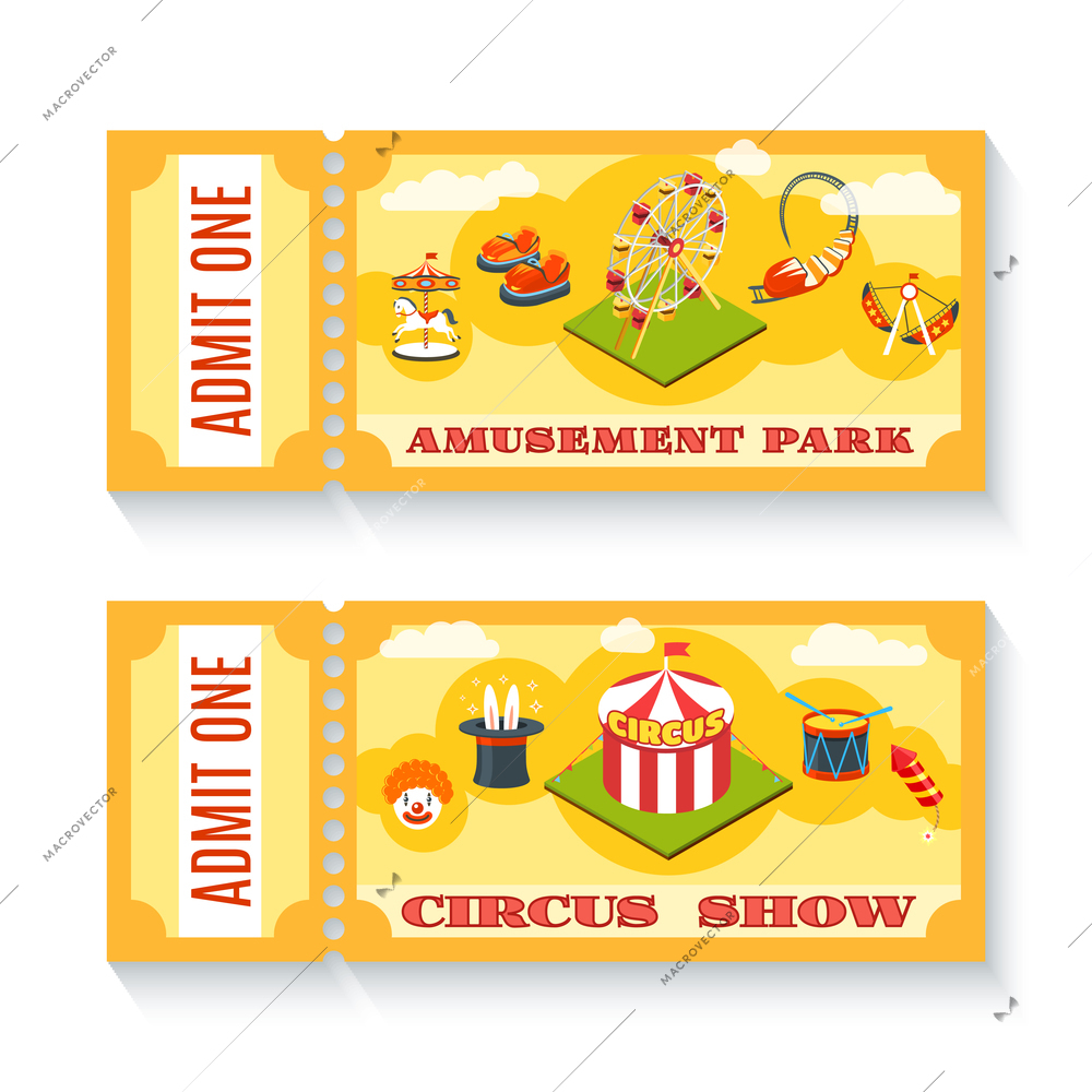 Two vintage amusement park circus show entrance tickets  templates set with chapiteau tent abstract isolated vector illustration