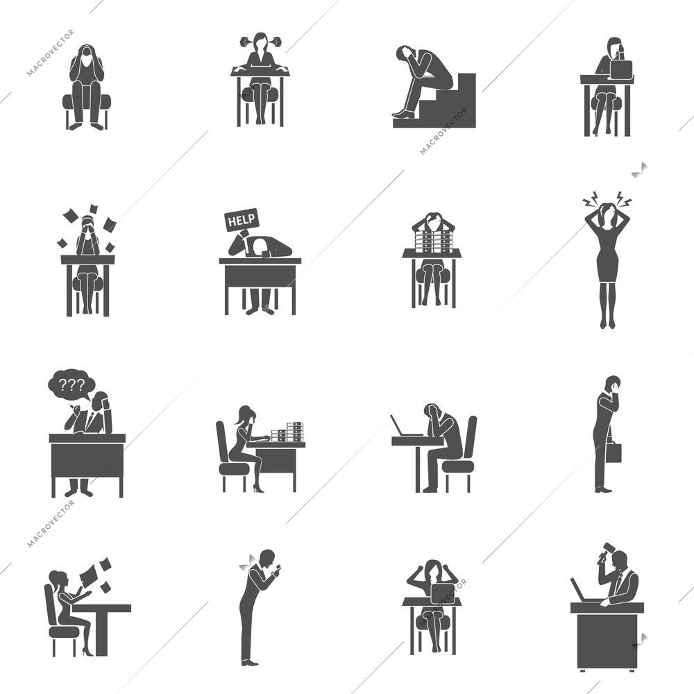 Business people in frustration black flat icons set isolated vector illustration