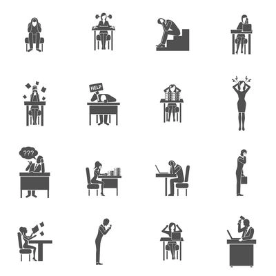 Business people in frustration black flat icons set isolated vector illustration