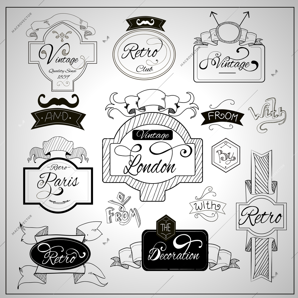 Retro design nostalgic elements with catchwords ribbons and moustaches on whiteboard black felt pen abstract vector illustration