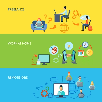 Freelance online work at home and remote jobs flat color banner set isolated vector illustration