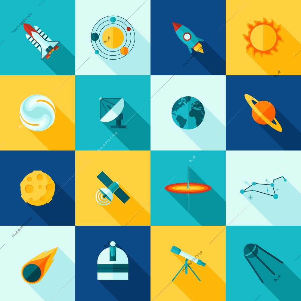 Universe space symbols satellite rocket planet and  constellation flat color long shadows icon set isolated vector illustration