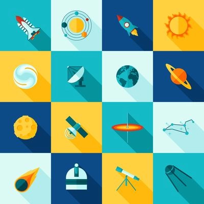 Universe space symbols satellite rocket planet and  constellation flat color long shadows icon set isolated vector illustration