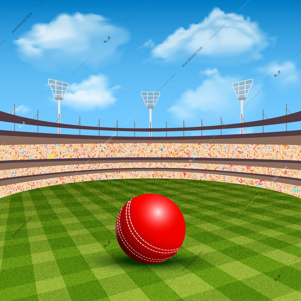 Open stadium of cricket with realistic red leather ball vector illustration