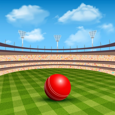 Open stadium of cricket with realistic red leather ball vector illustration