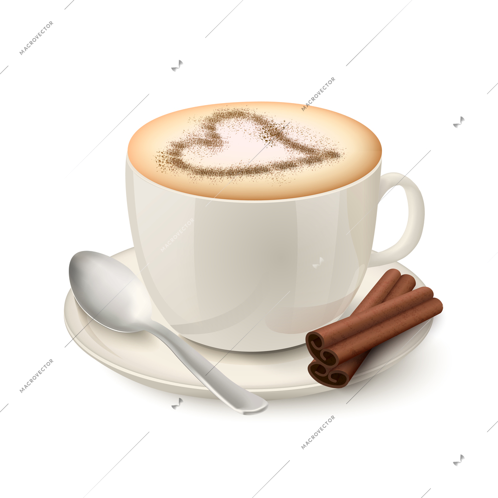 Side view on realistic beige cup filled with coffee and cream decorated by a cinnamon pattern in the form of heart vector illustration