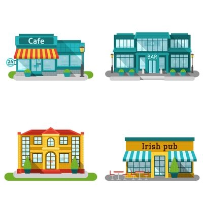 Cafe bar and restaurant buildings flat decorative icons set isolated vector illustration