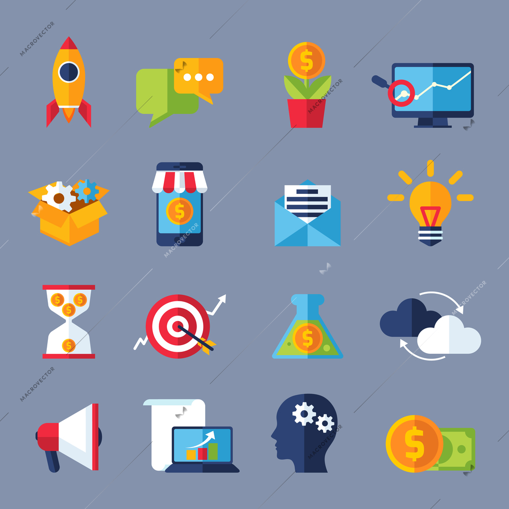 Digital marketing online commerce and promotion icons flat set isolated vector illustration