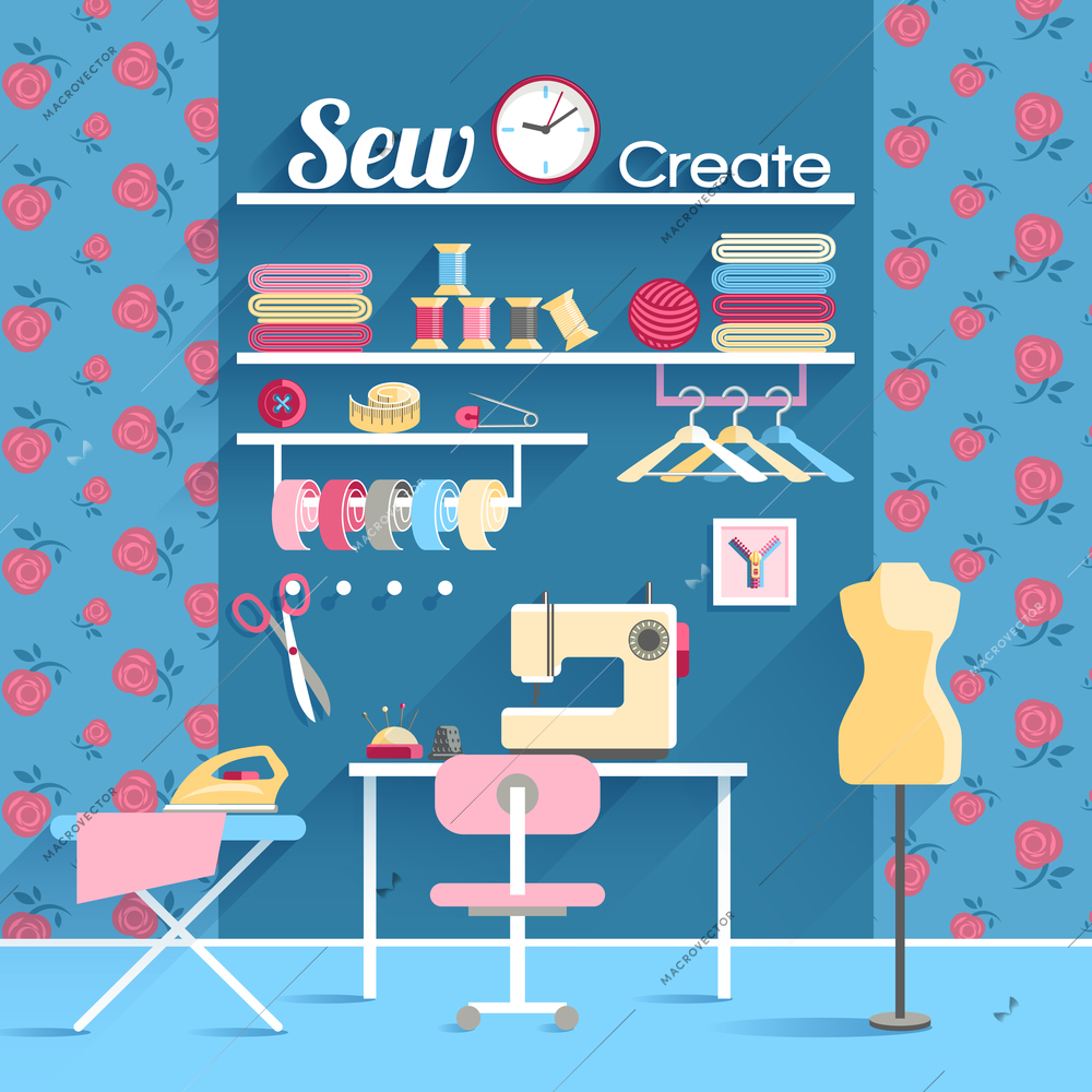 Every woman dream sewing room for self made wardrobe with sewing machine and mannequin abstract vector illustration