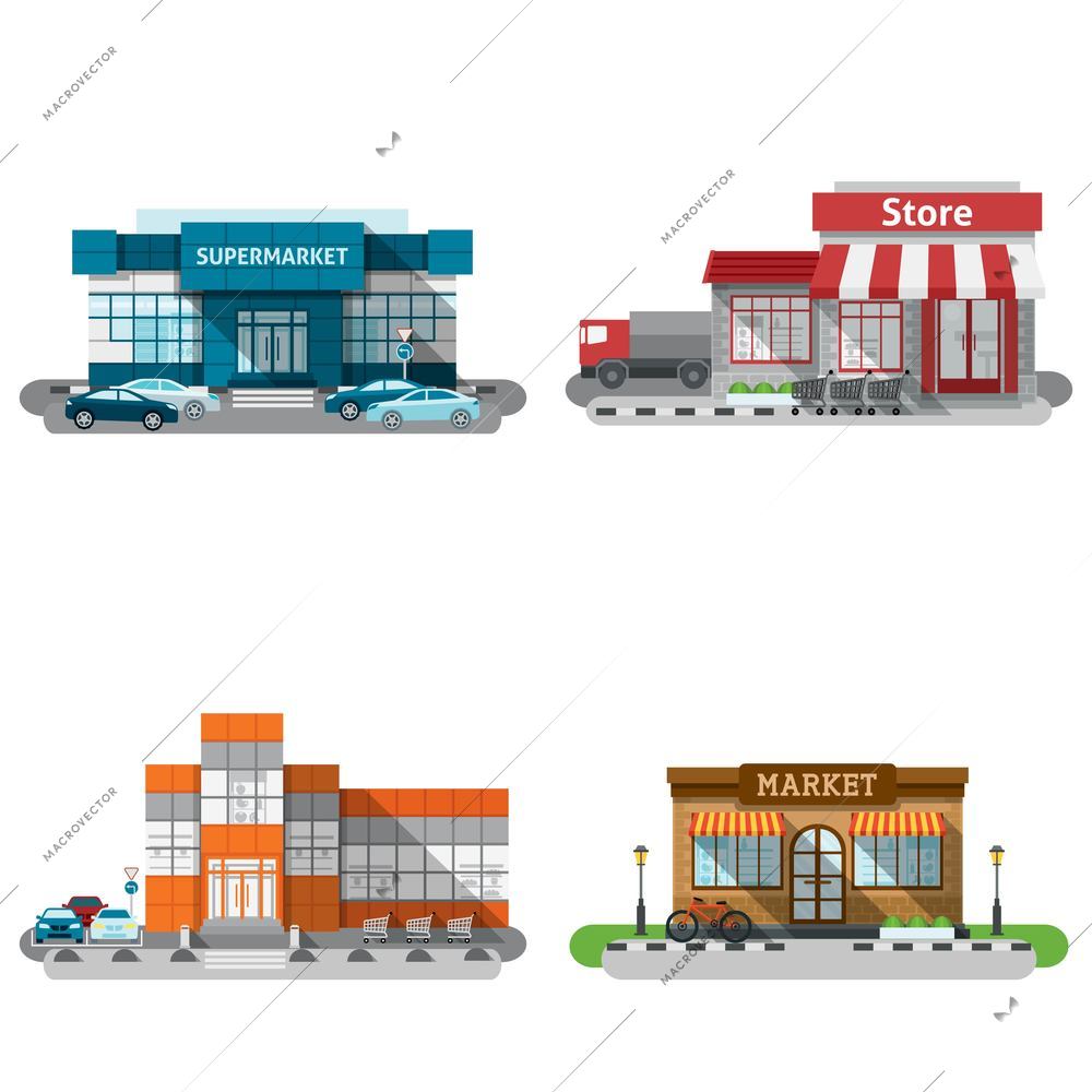 Shops stores and supermarket buildings flat decorative icons set isolated vector illustration