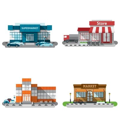 Shops stores and supermarket buildings flat decorative icons set isolated vector illustration