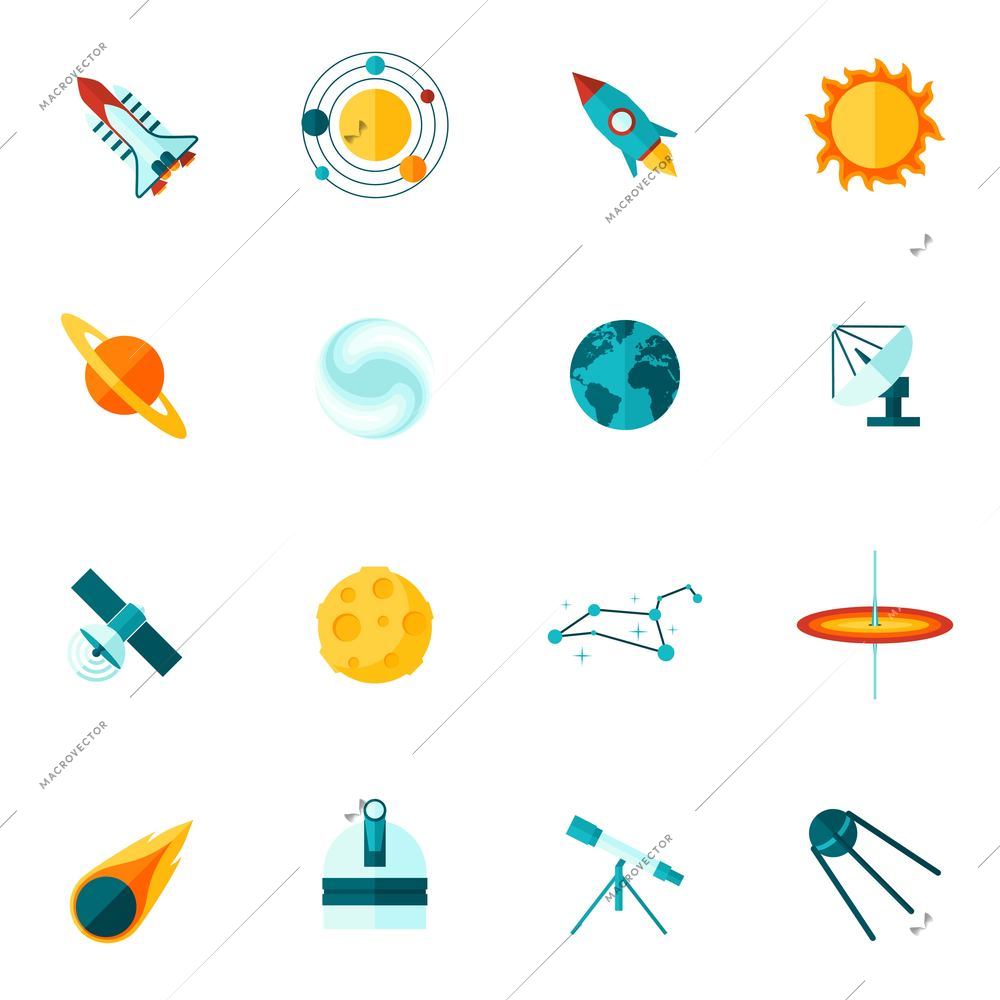 Space universe planet satellite shuttle telescope star and  constellation flat color icon set isolated vector illustration