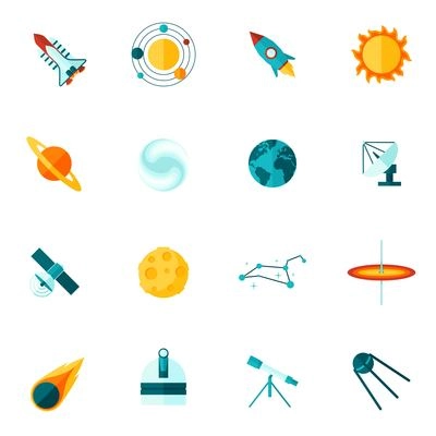 Space universe planet satellite shuttle telescope star and  constellation flat color icon set isolated vector illustration