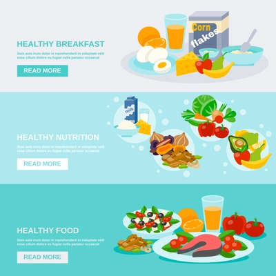 Healthy food horizontal banner set with breakfast nutrition flat elements isolated vector illustration