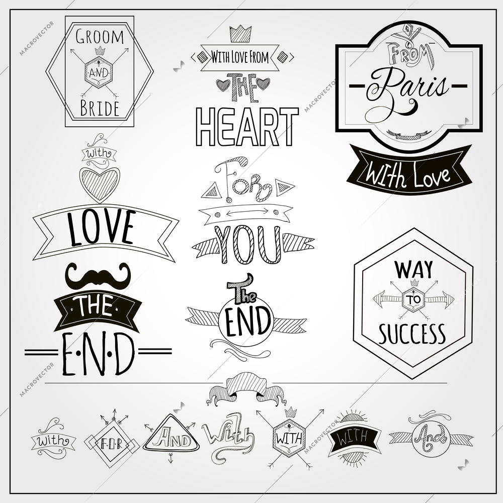 Retro catchwords and romantic heart love emblem  on whiteboard black felt pen doodle style abstract vector illustration