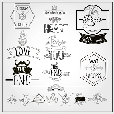 Retro catchwords and romantic heart love emblem  on whiteboard black felt pen doodle style abstract vector illustration