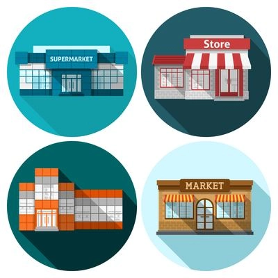 Shop store and supermarket building flat icons set isolated vector illustration